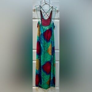NWT Zara Beaded Halter Maxi Dress Sz M Bold Watercolor Crochet Boho Free Spirit